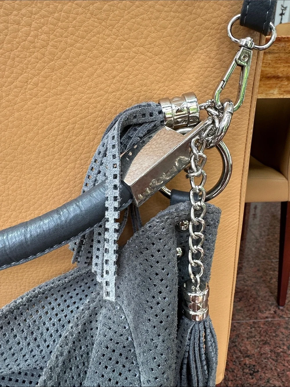 Bagatt Italian brand - Gray Suede Perforated Hobo Bag with Tassel